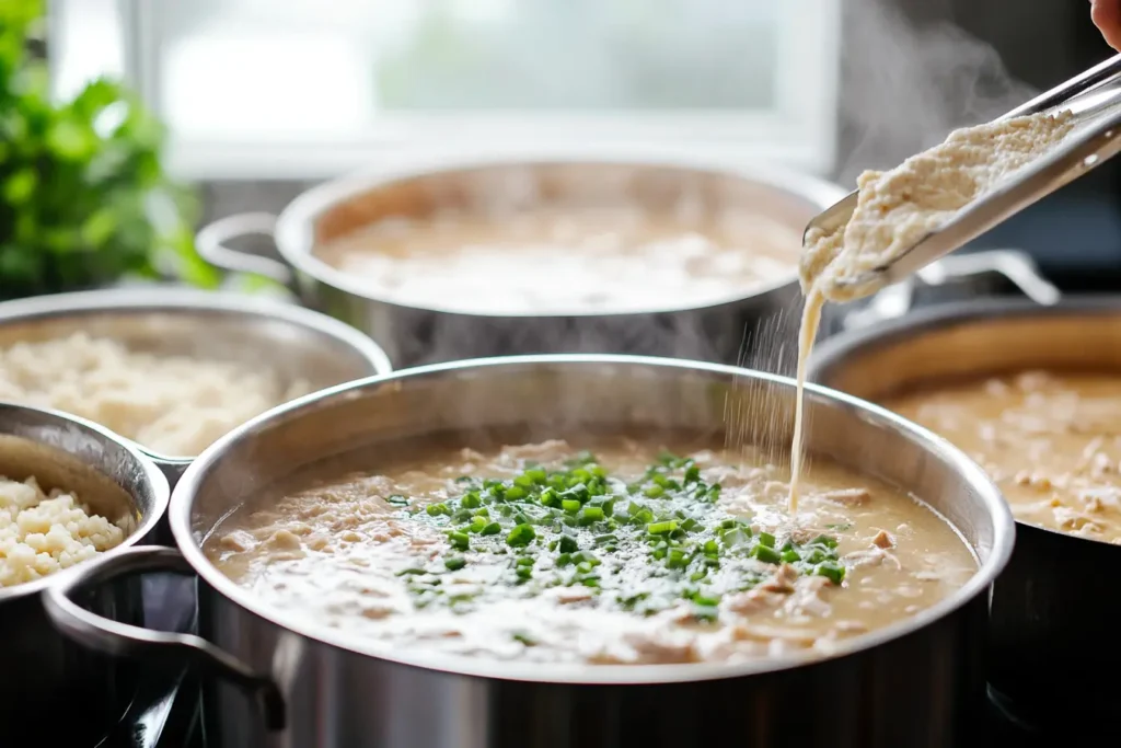 A cook adding a cornstarch slurry to a pan of Tuna Helper for thickening.