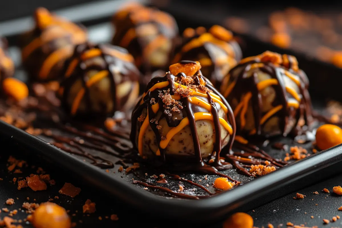 Tray of butterfinger balls with chocolate drizzle and crushed candy topping.