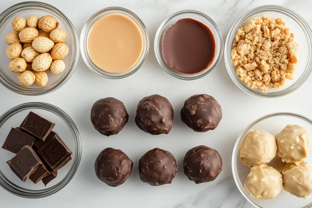 Rolling butterfinger balls with ingredients like peanut butter and chocolate.