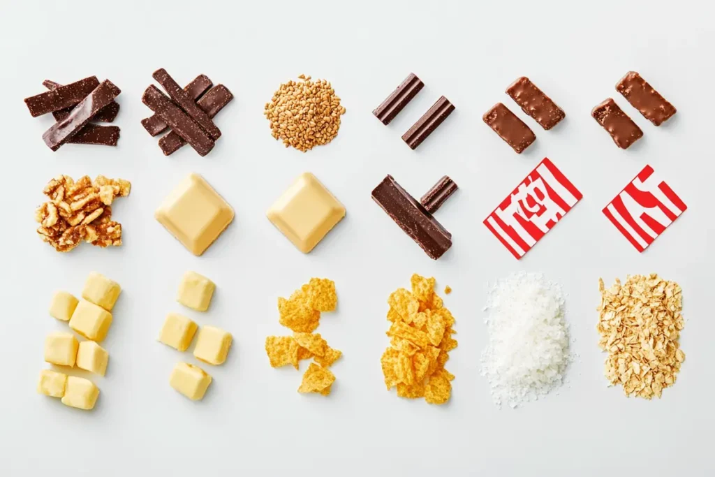 An infographic highlighting the key ingredients in a Butterfinger bar, such as corn syrup, hydrogenated oils, and TBHQ.