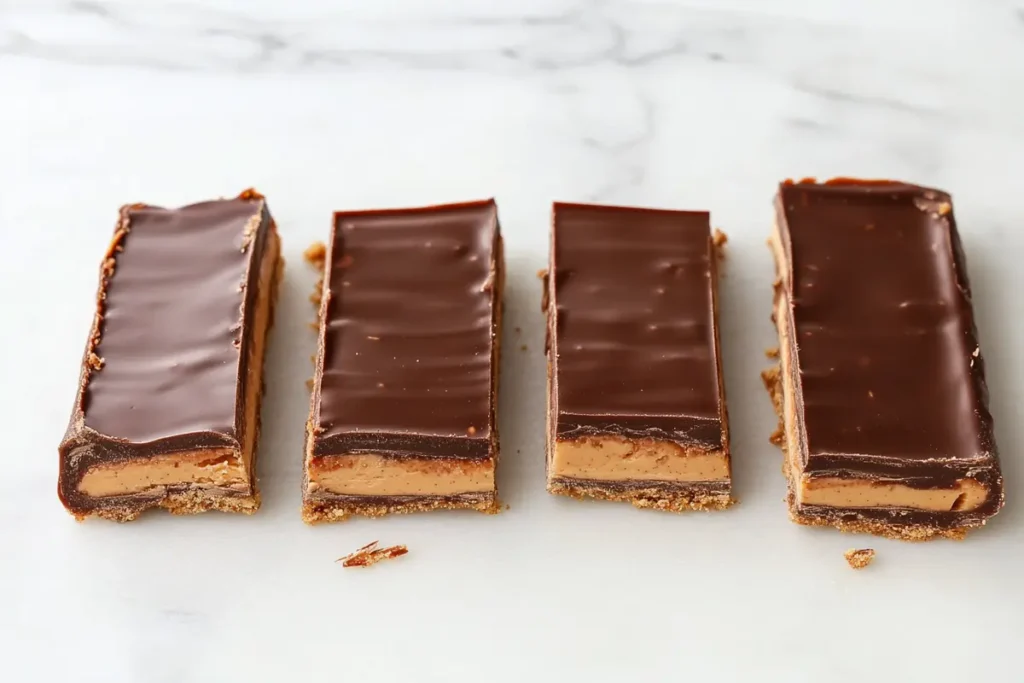 A diagram showing the layering process of Butterfinger’s middle, with caramel and peanut butter sheets.