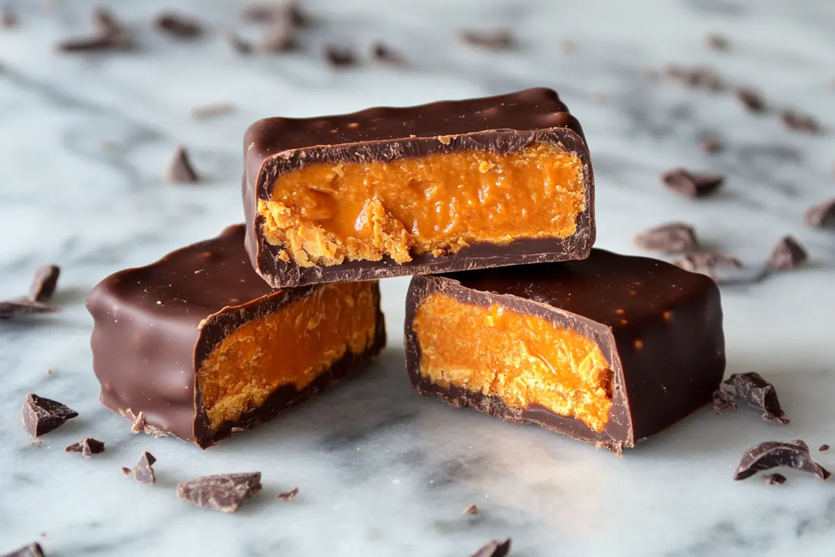 A Butterfinger bar split in half, showing the crispety, crunchety orange filling inside.