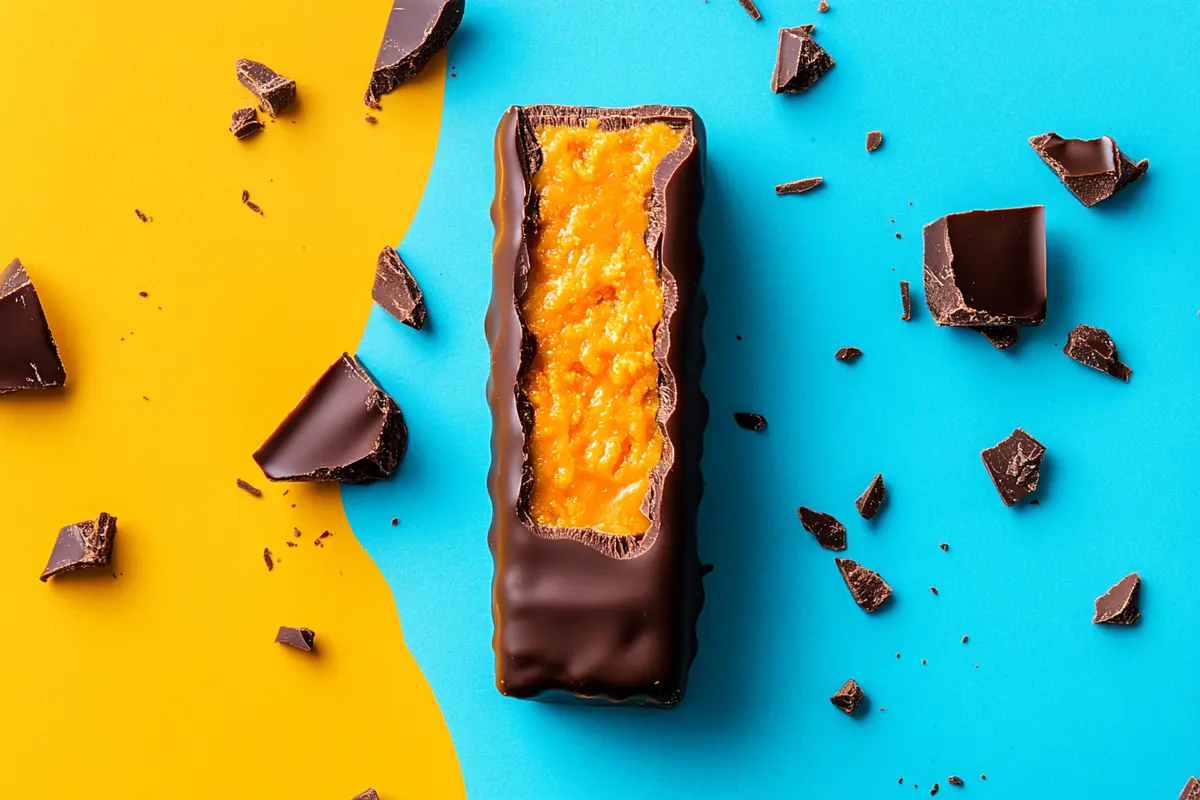 Close-up of Butterfinger's orange filling and chocolate coating.