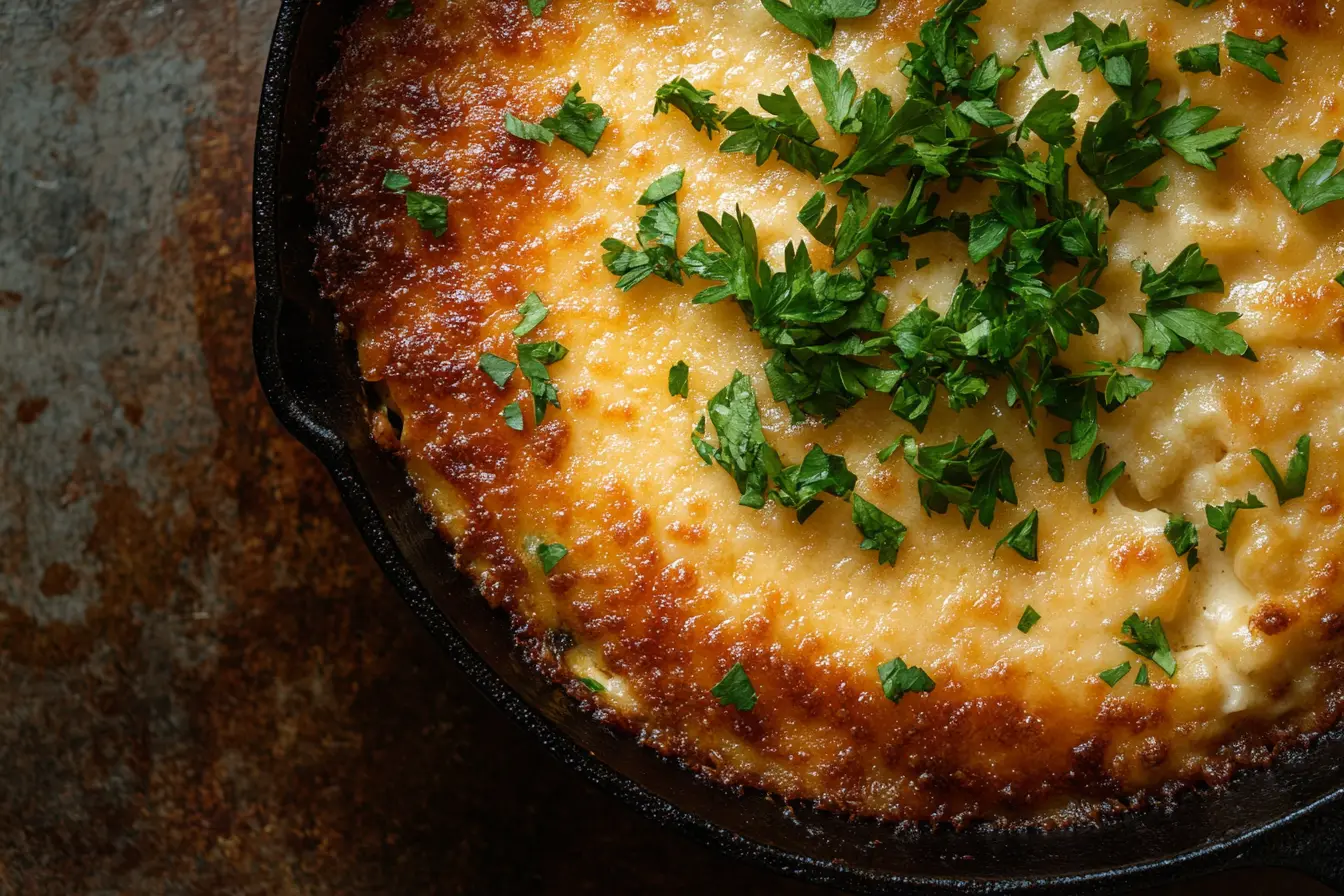 Golden-brown Cajun mac and cheese in a rustic cast iron skillet, topped with fresh parsley.