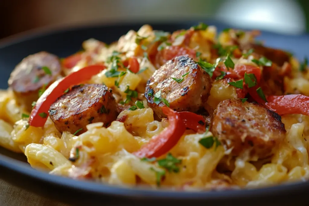 A table filled with ingredients for Cajun mac and cheese, including pasta, sausage, cheese, and spices.