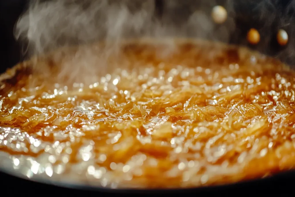 Close-up of golden caramelized onions cooking in a skillet, releasing their sweet aroma.