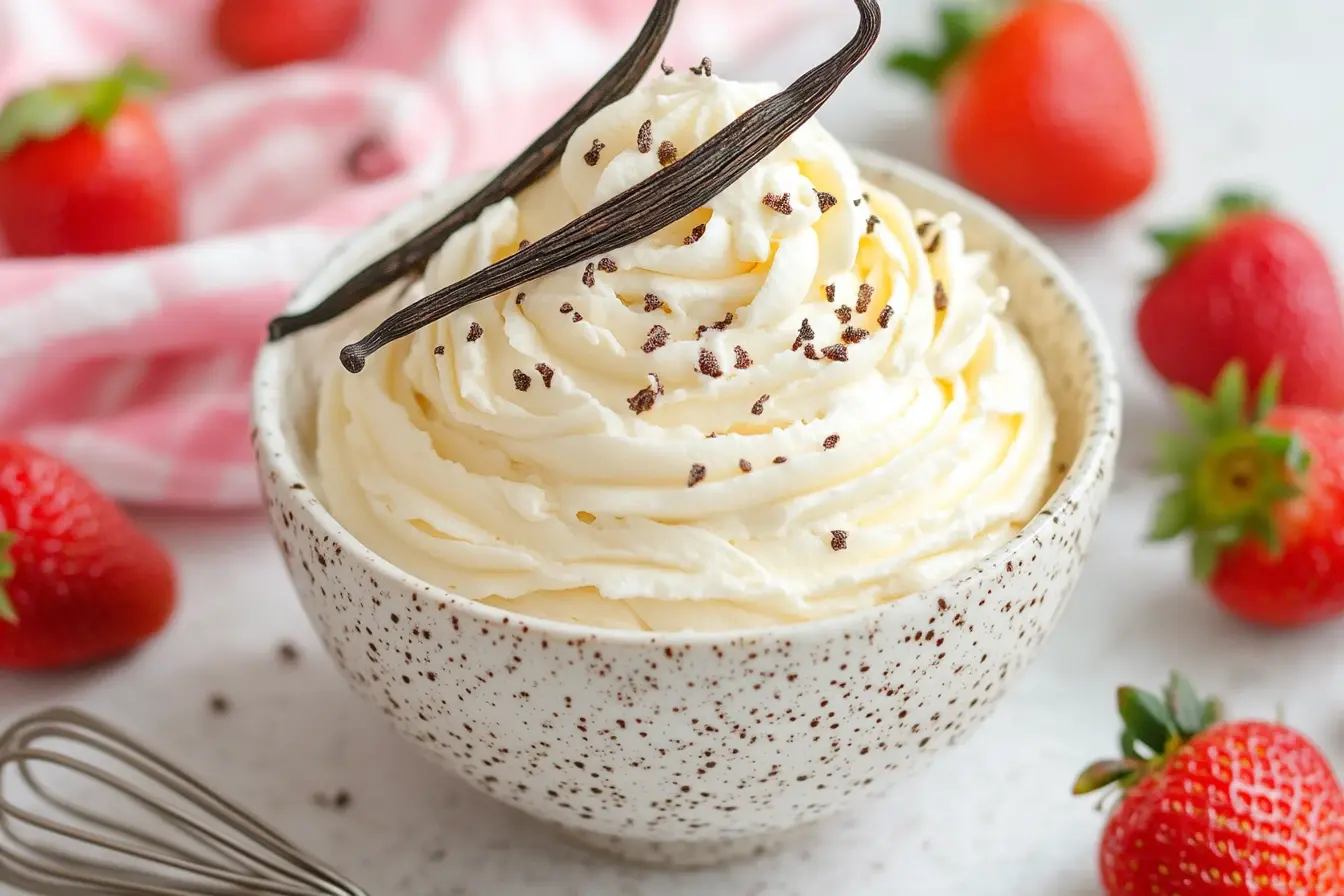 A bowl of freshly whipped Chantilly cream with a smooth, glossy texture, topped with vanilla beans and surrounded by fresh strawberries.