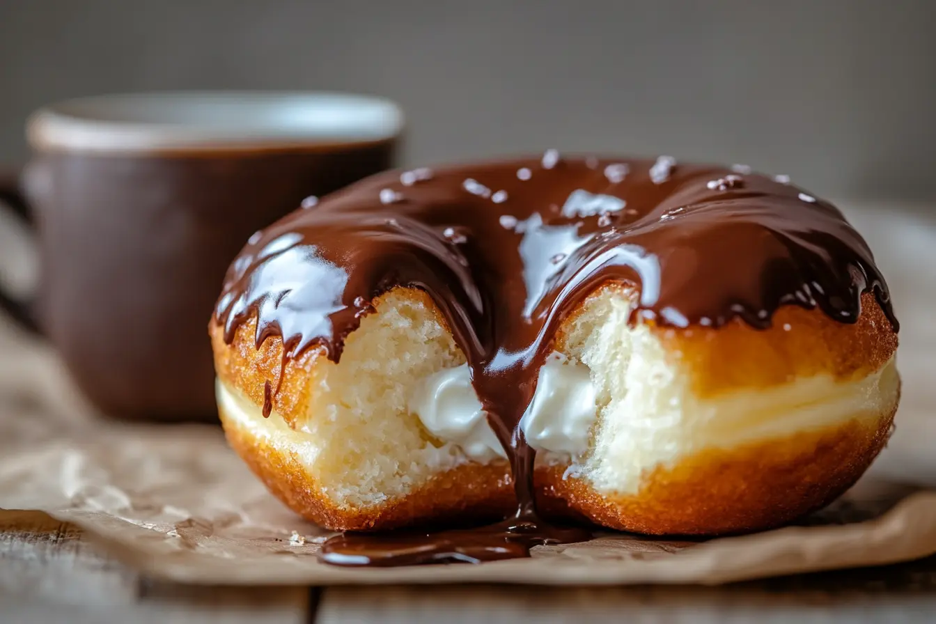 A golden, fluffy cream donut with vanilla filling oozing out, topped with powdered sugar.