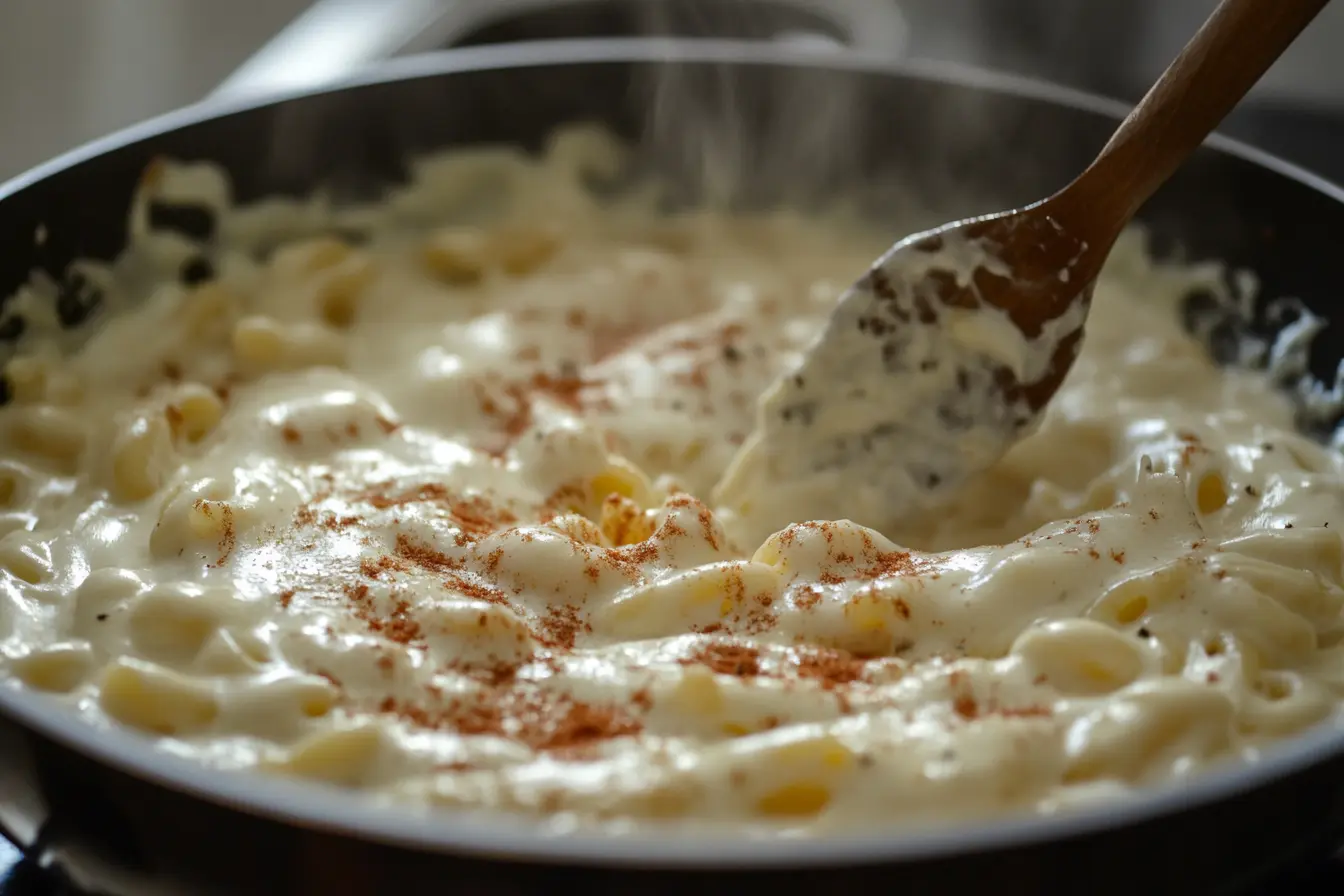 A skillet filled with creamy mac and cheese made using evaporated milk for extra richness and flavor.