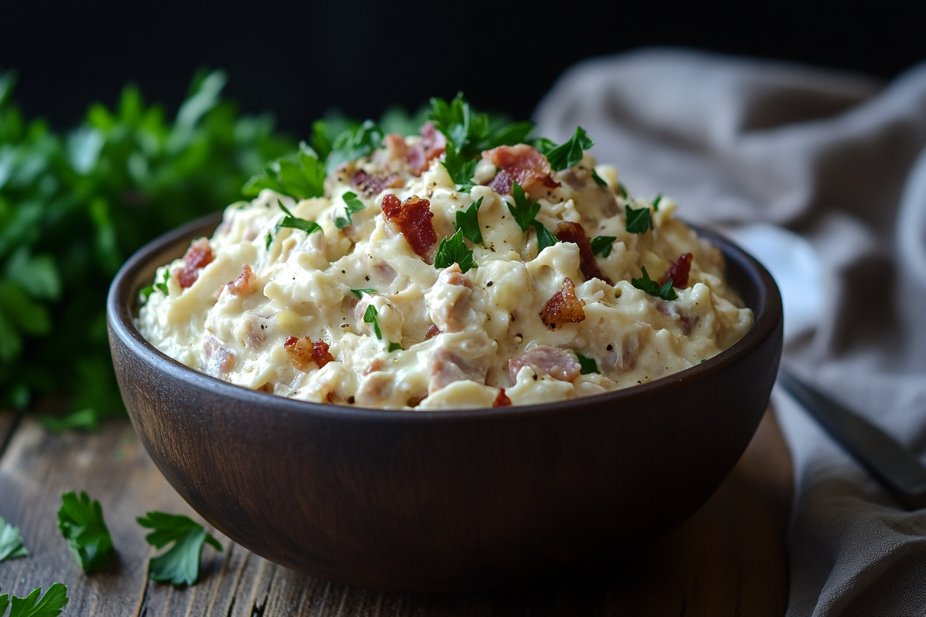 A delicious bowl of creamy Tuna Helper topped with parsley and crumbled bacon, served on a rustic wooden table.