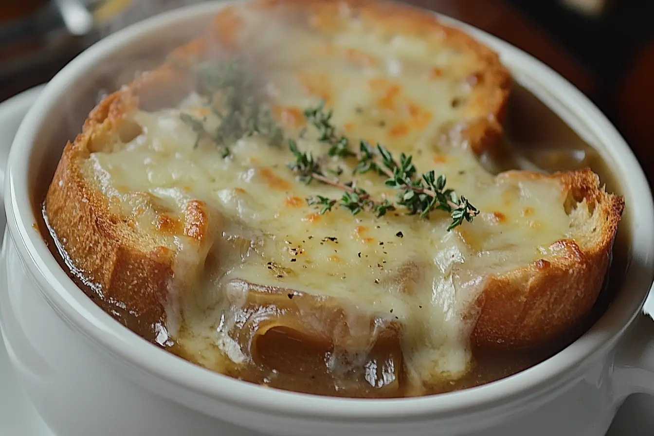 A steaming bowl of French onion soup with melted cheese and crispy bread, garnished with thyme.