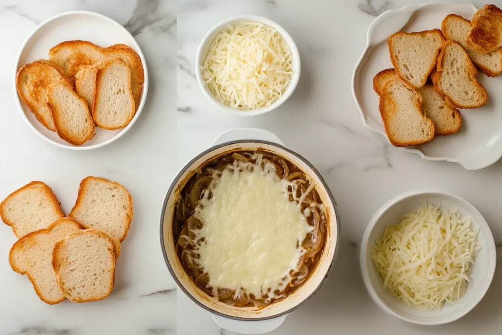 Key ingredients for French onion soup, including onions, Gruyere cheese, French bread, and beef broth.