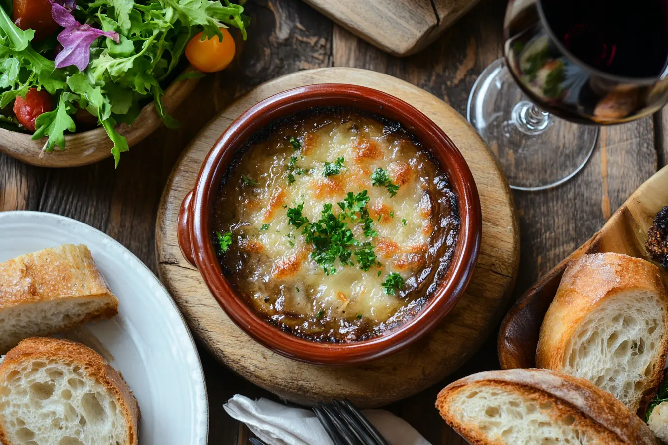 A bowl of French onion soup surrounded by crusty bread, salad, and a glass of wine.