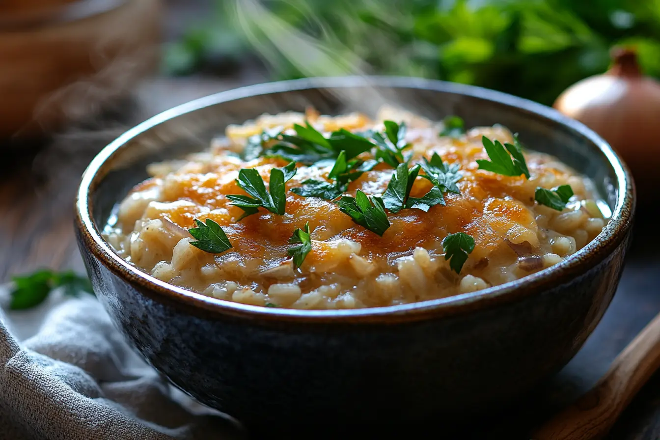 A close-up of French onion soup rice baked with golden melted Gruyère cheese on top.