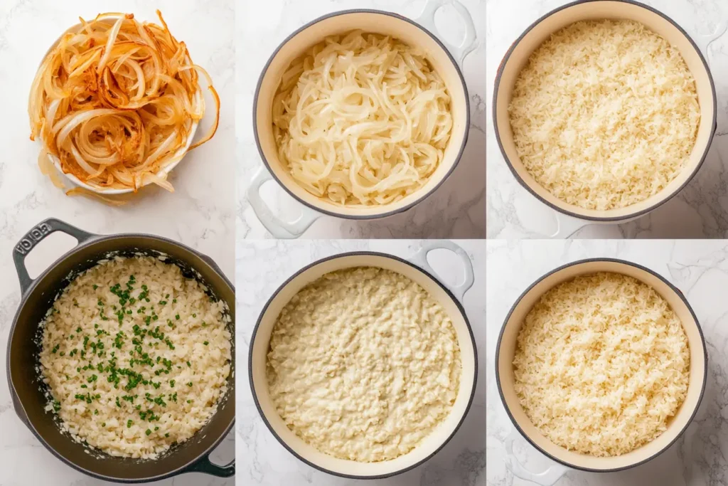 A collage showing the preparation of French onion soup rice: combining ingredients, baking, and adding cheese.