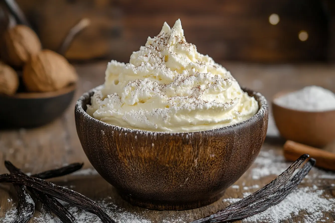 A bowl of freshly whipped Chantilly cream with a whisk and vanilla beans on a wooden kitchen counter.