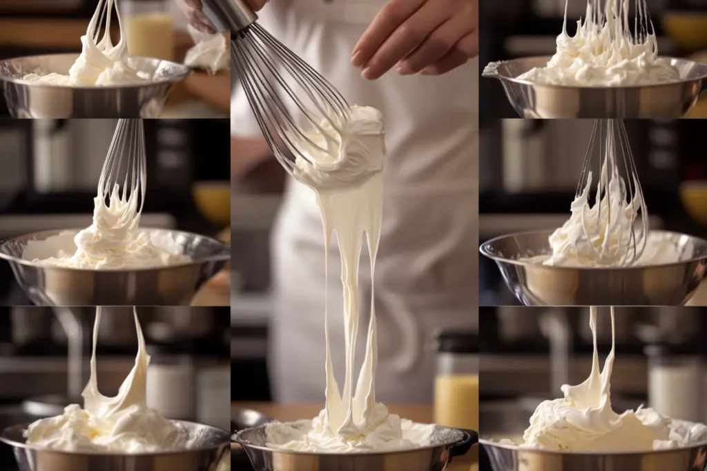 A series of images showing the process of whipping cream into fluffy Chantilly cream.