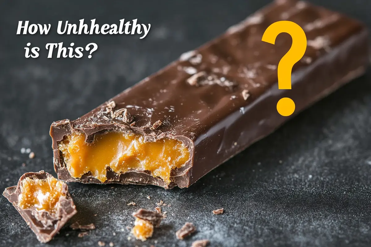 A Butterfinger candy bar with a broken piece showing its crispy peanut butter interior.