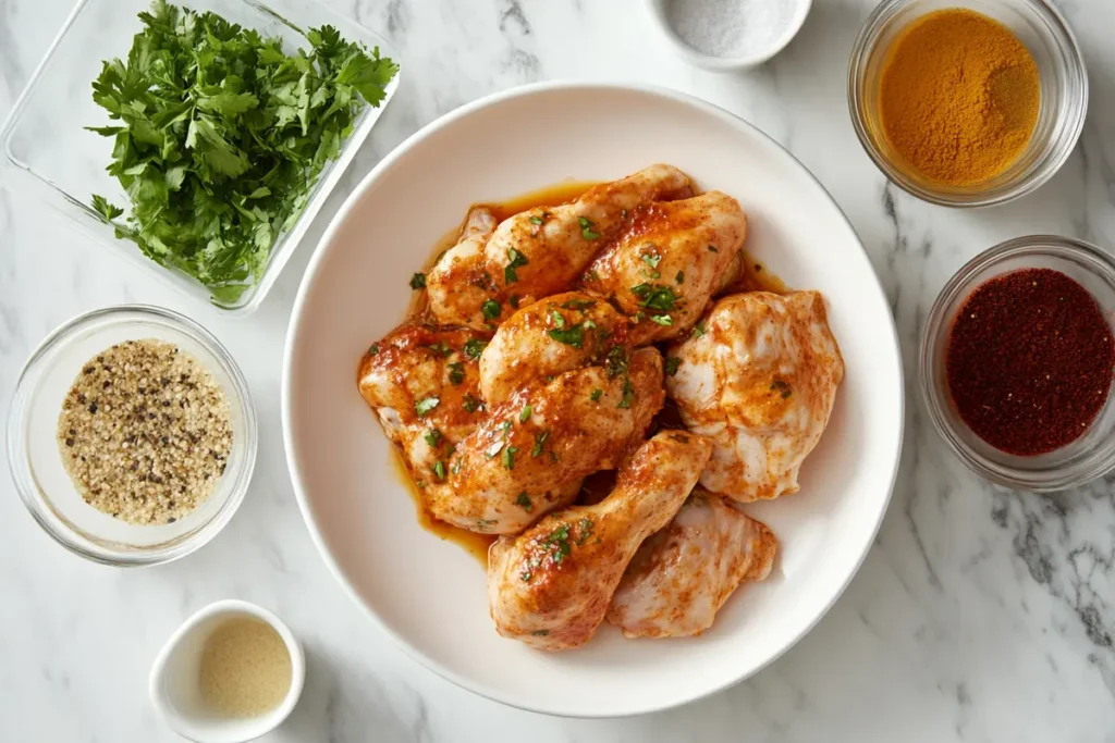 Ingredients for Pollo Loco marinade, including citrus fruits, garlic, spices, and olive oil, arranged on a wooden countertop.