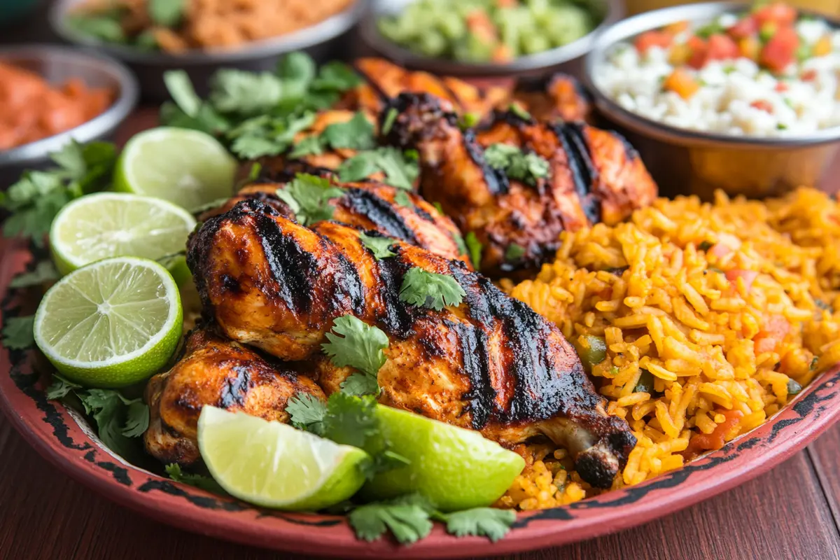 Grilled Pollo Loco chicken with char marks, served with Mexican rice, queso, and lime wedges.