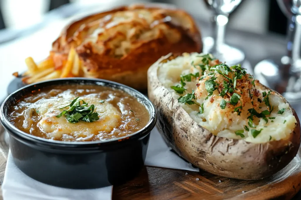 Pull-apart bread stuffed with cheese and herbs served alongside French onion soup.