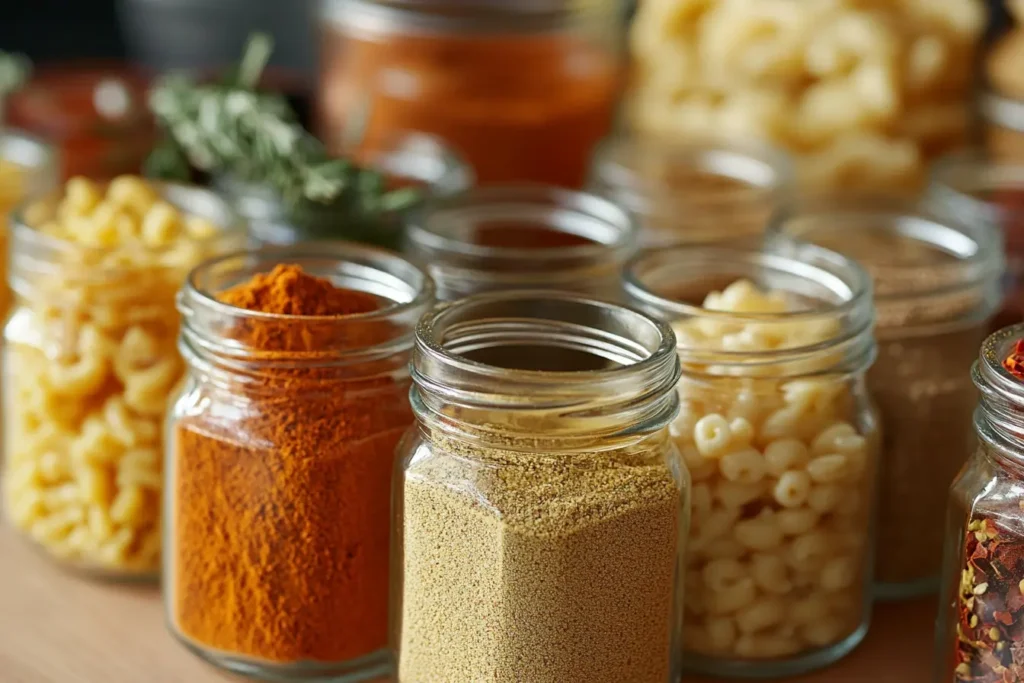 Jars of spices like cayenne, paprika, garlic powder, and oregano on a wooden table with a creamy mac and cheese dish in the background.