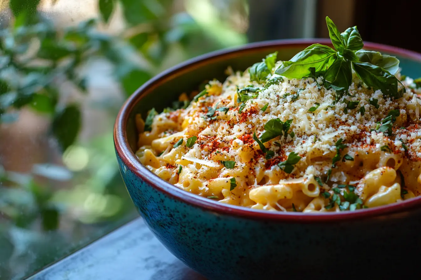 A vibrant bowl of mac and cheese topped with paprika, cayenne, and basil leaves.