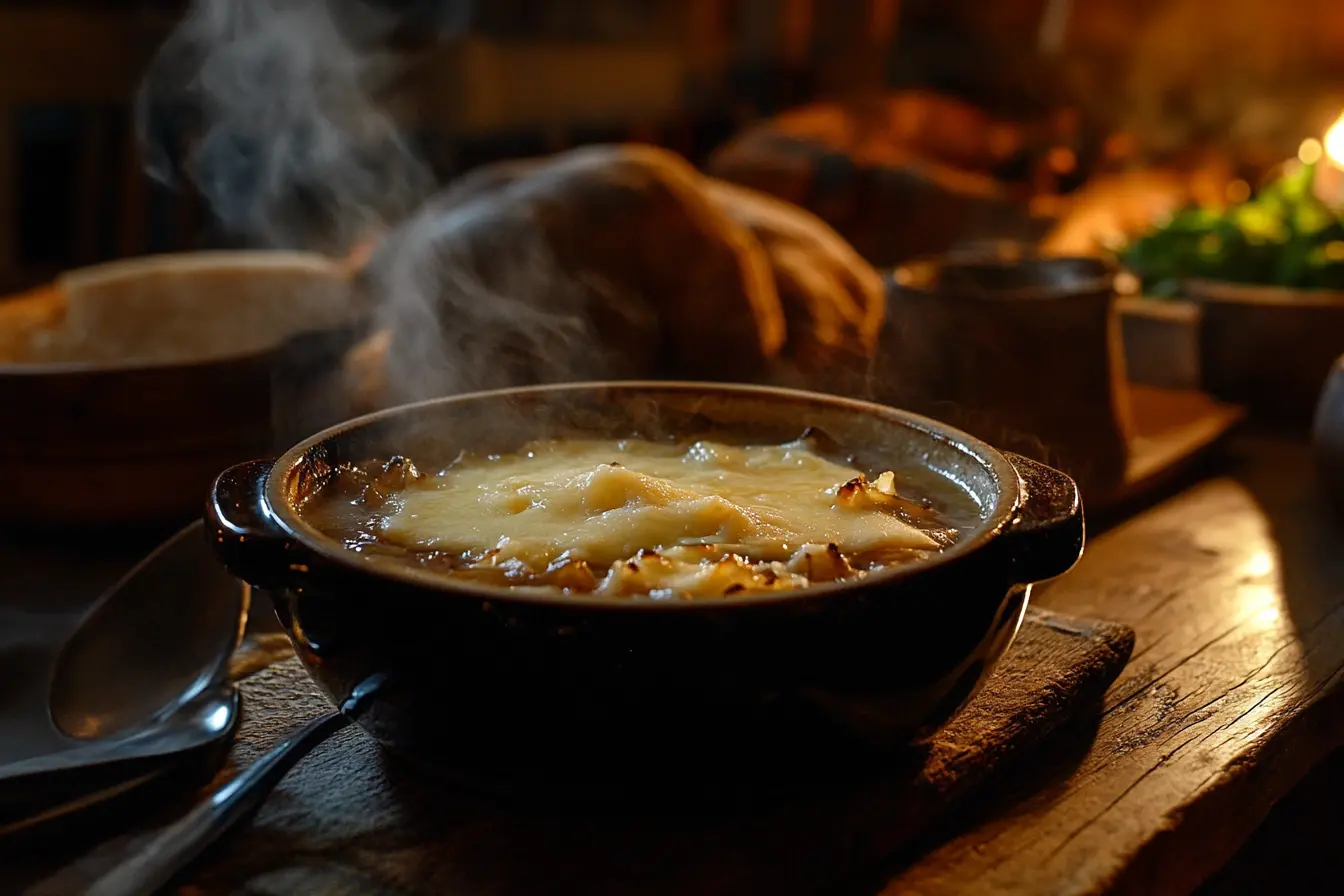 A rustic bowl of French onion soup topped with melted Gruyere cheese and toasted bread.