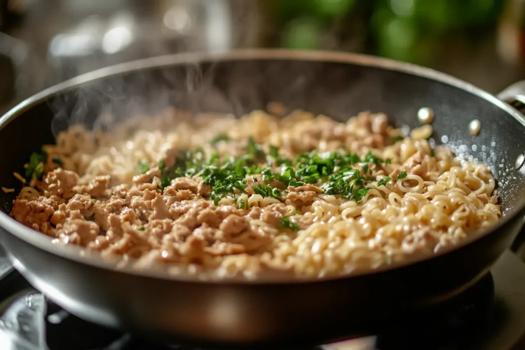 A skillet with tuna hamburger helper being stirred, showing pasta, sauce, and tuna combined.