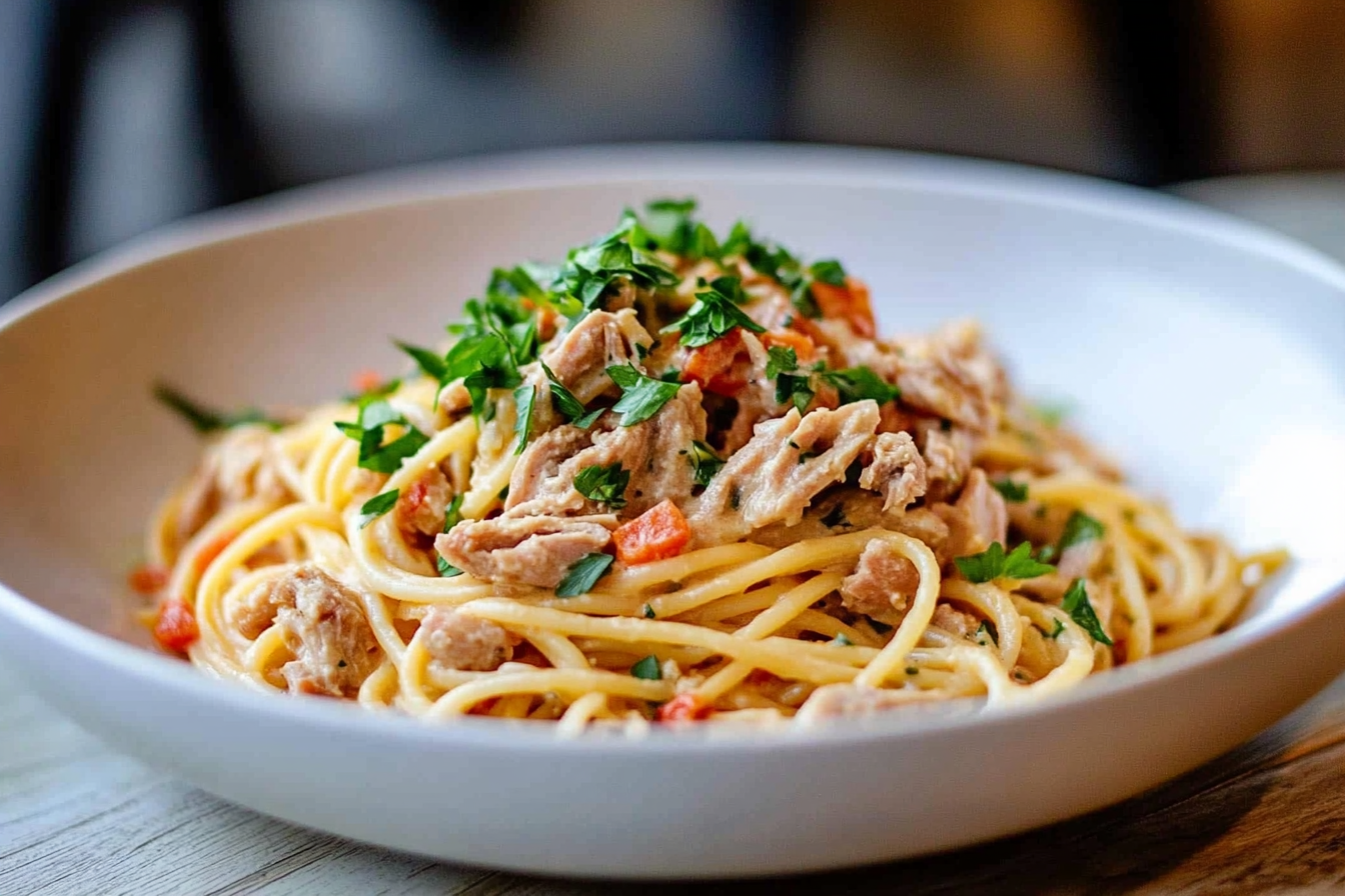 A bowl of creamy tuna pasta garnished with fresh parsley, perfect for a Tuna Helper recipe.