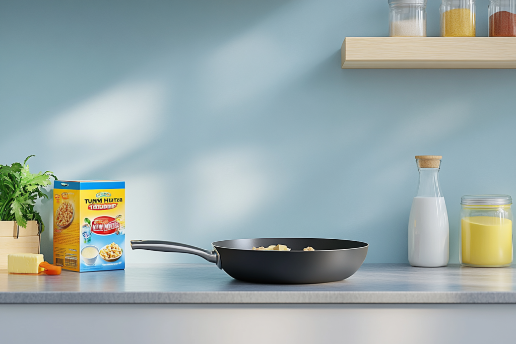 A box of Tuna Helper, canned tuna, butter, milk, and a skillet on a modern kitchen counter.