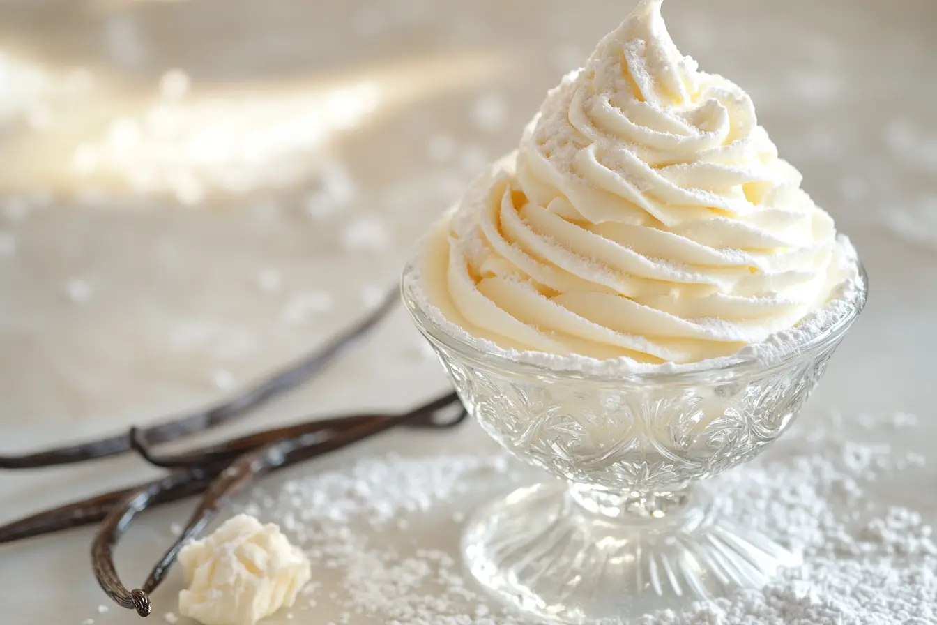 A bowl of freshly whipped Chantilly cream with vanilla beans and powdered sugar on a wooden table.