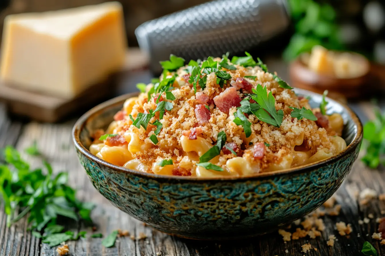 Creamy mac and cheese topped with golden breadcrumbs and fresh parsley in a bowl.