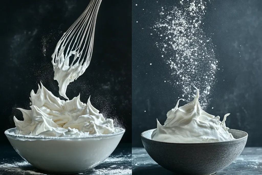 A whisk lifting soft peaks of Chantilly cream from a mixing bowl.