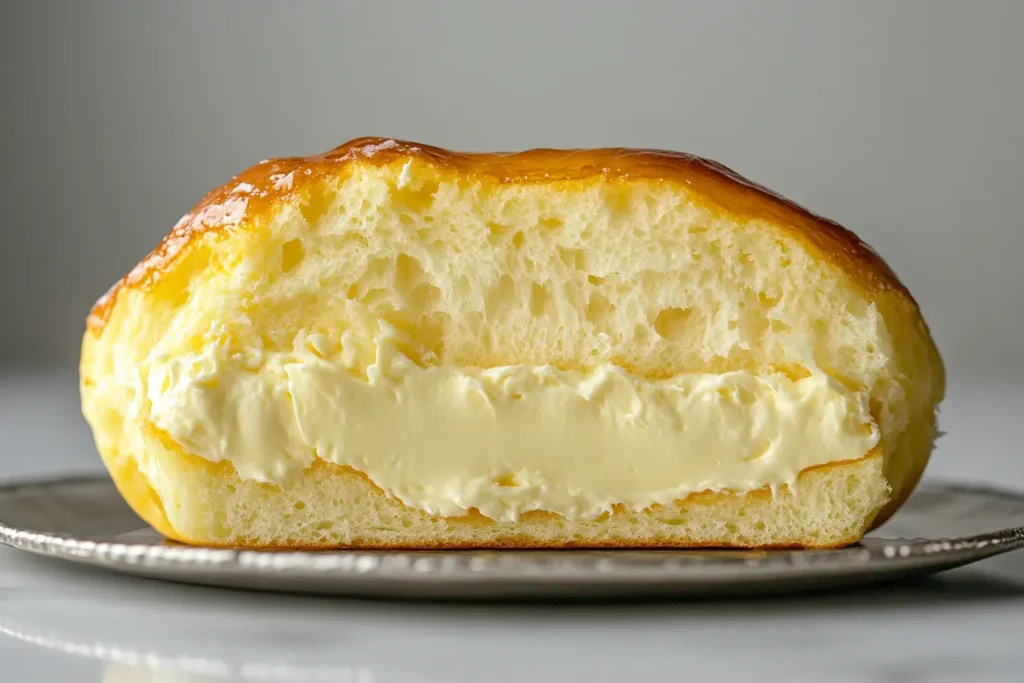 A cross-section of a Bavarian cream donut showing its fluffy dough and smooth, vanilla-infused cream filling.