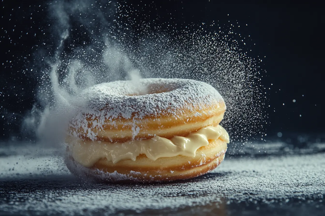 A freshly made Bavarian cream donut with creamy vanilla filling oozing out, dusted with powdered sugar.