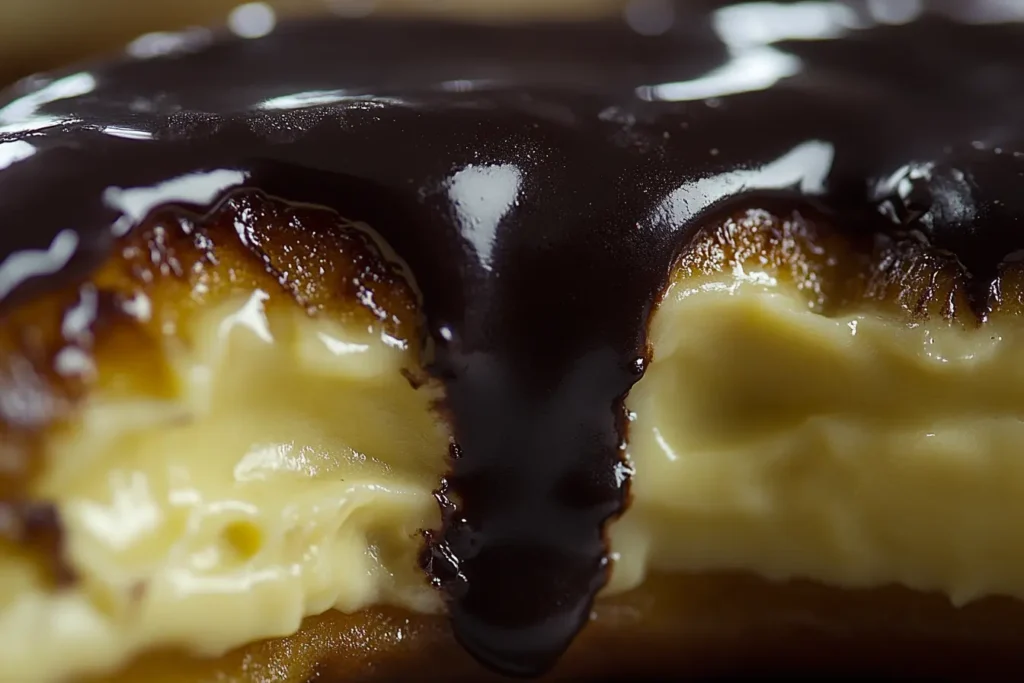 A close-up of a Boston Cream donut cut in half, showing its smooth custard filling and glossy chocolate glaze.