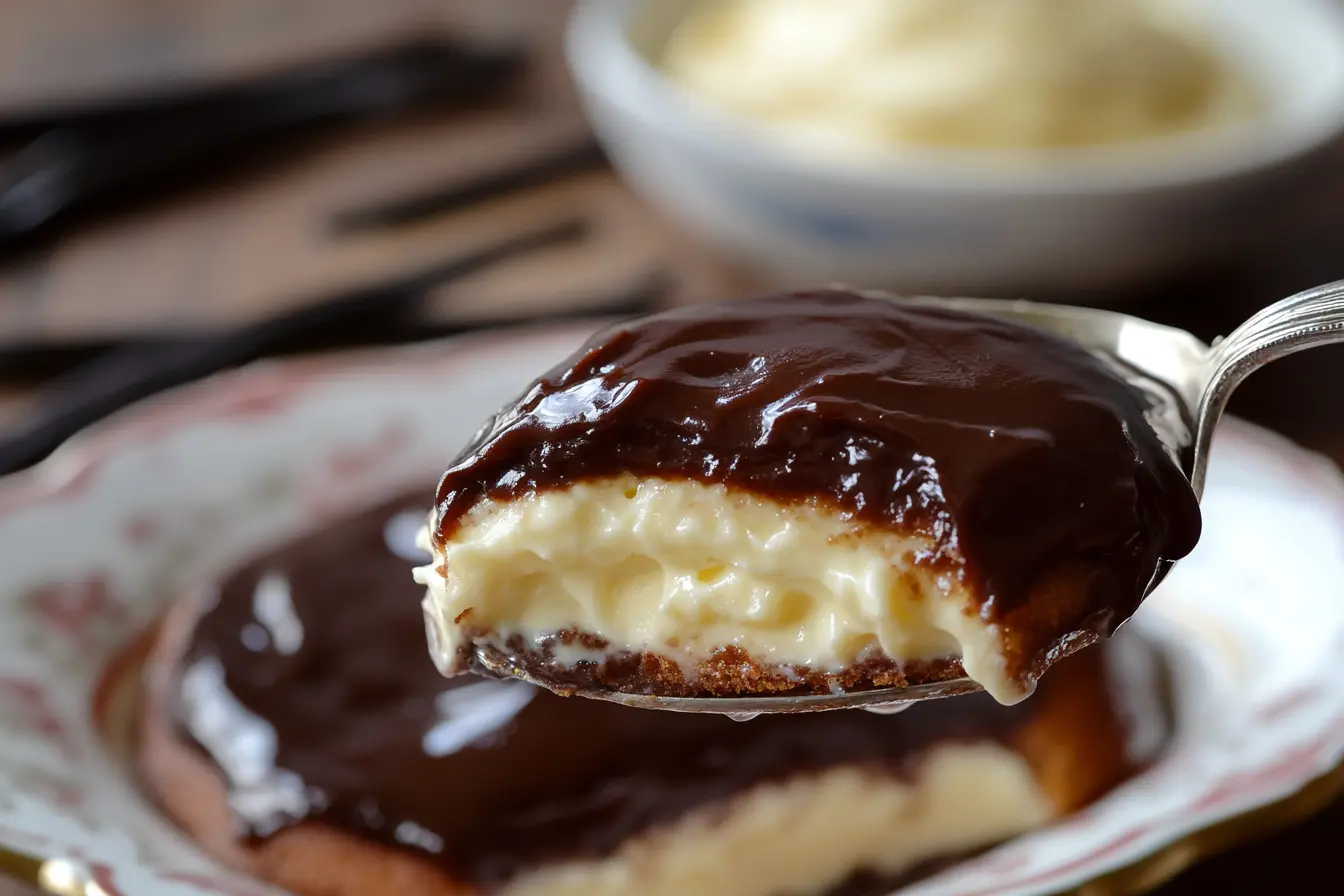 A spoonful of rich, silky Boston cream filling with a bowl of custard and vanilla beans in the background.