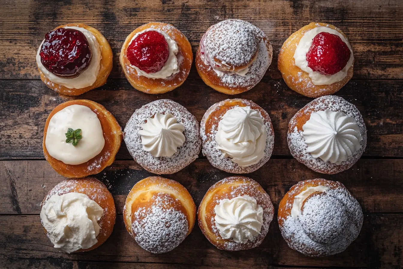 A variety of cream-filled donuts, including Boston Cream, Bavarian Cream, and powdered sugar donuts, arranged on a wooden table.