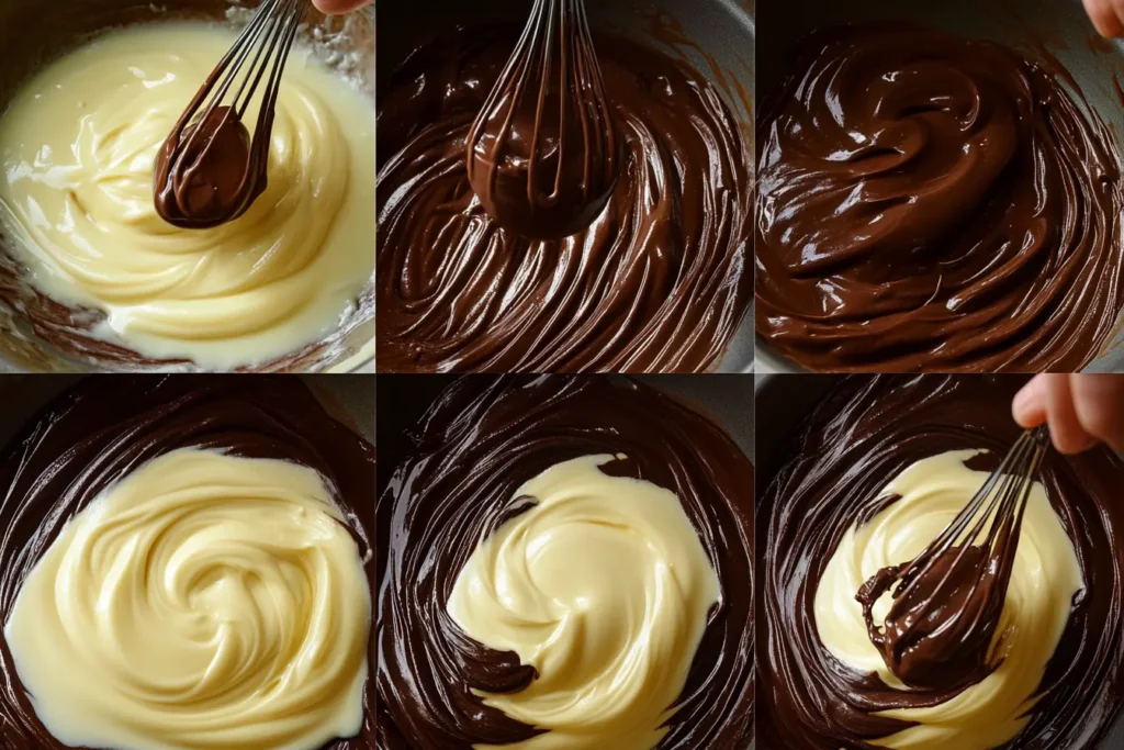 A step-by-step collage showing the process of making Boston cream filling, from whisking ingredients to chilling the finished custard.