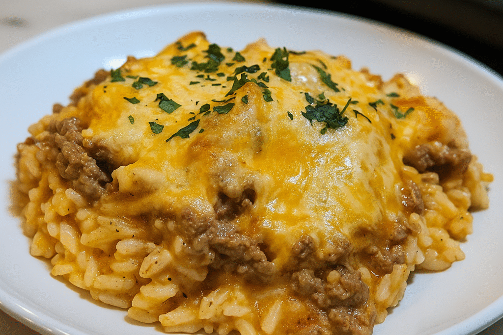 Creamy beef and rice skillet topped with melted cheddar and parsley on a white plate