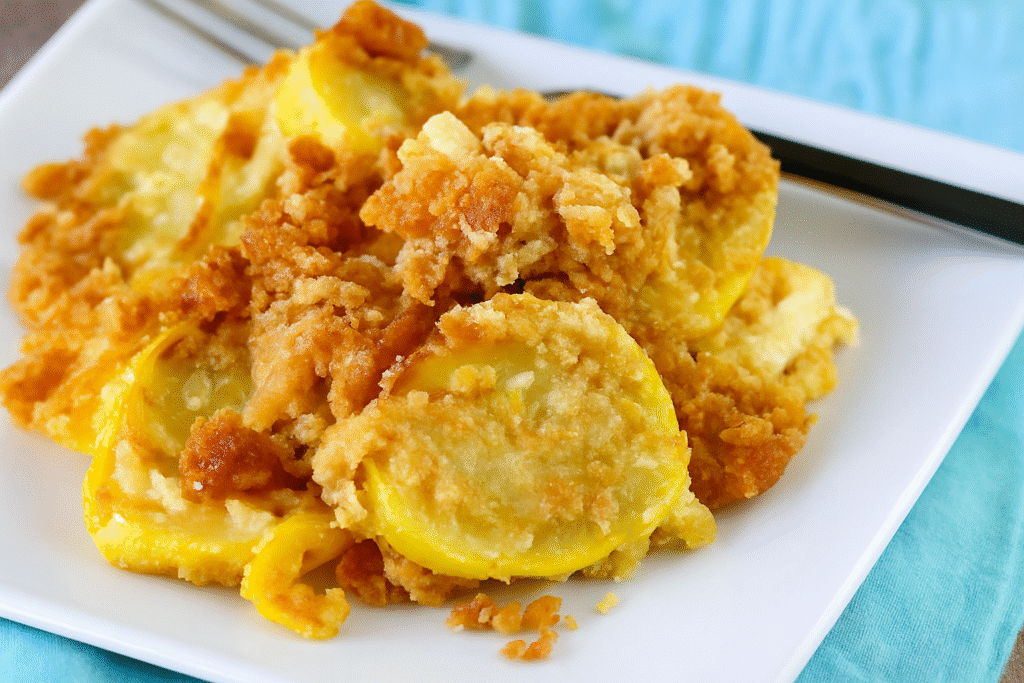 Southern squash casserole with creamy filling and golden cracker topping on a white plate