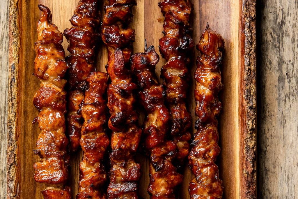 Juicy grilled pork skewers glazed in barbecue sauce on a rustic wooden board
