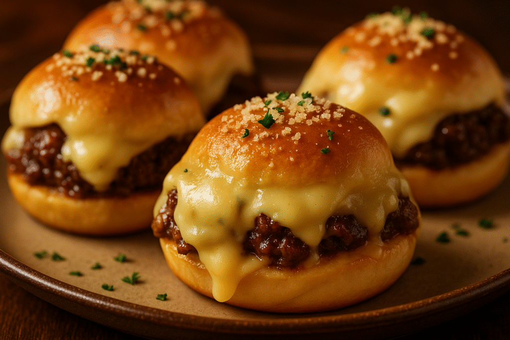 Close-up of cheesy beef sliders on golden buns topped with herbs and parmesan crumbs