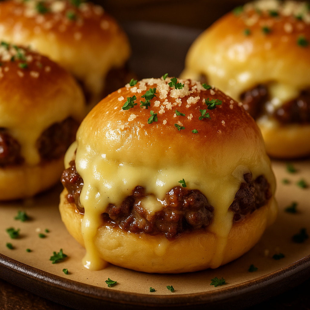 Close-up of juicy cheeseburger sliders with melted cheese and golden brioche buns on a plate