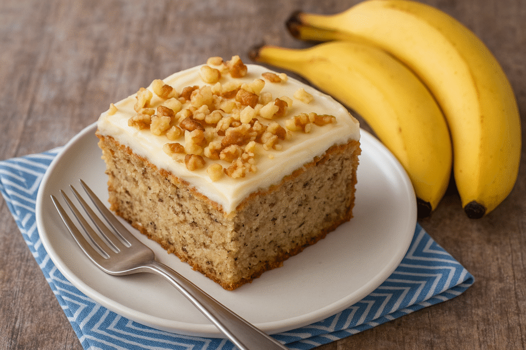 Slice of banana bread cake topped with cream cheese frosting and chopped walnuts on a white plate, with ripe bananas in the background.