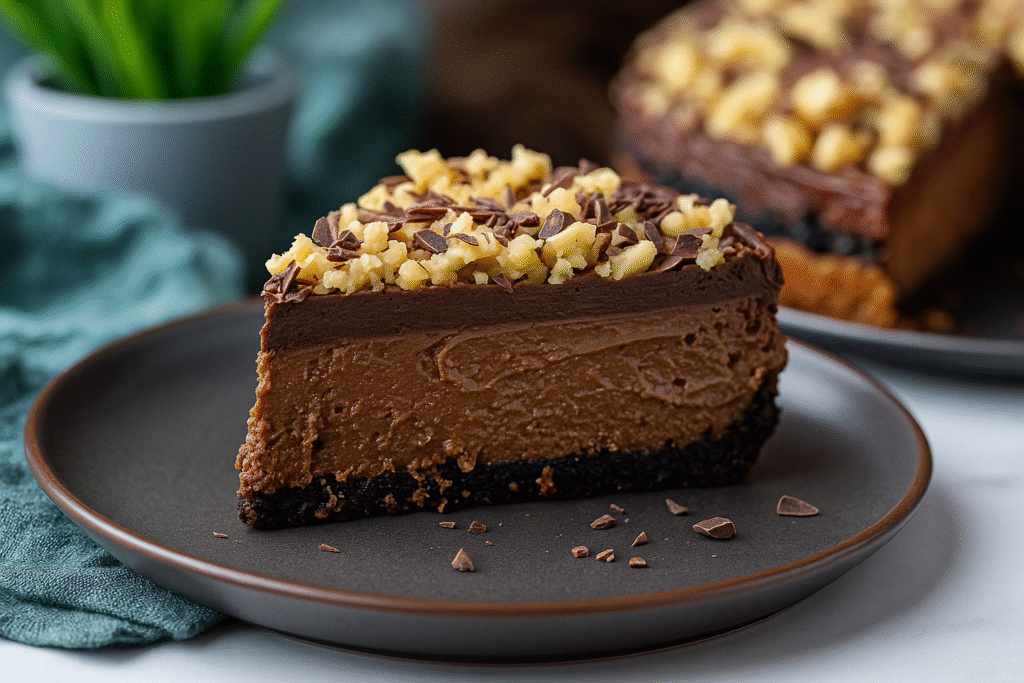 Slice of no-bake German chocolate pie with a chocolate cookie crust, creamy chocolate filling, ganache topping, and chopped walnuts, served on a dark plate.