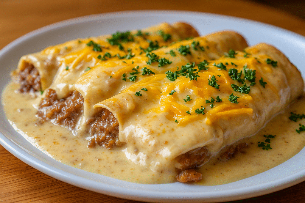Three sausage-stuffed breakfast enchiladas topped with creamy sausage gravy, melted cheddar cheese, and fresh parsley on a white plate.