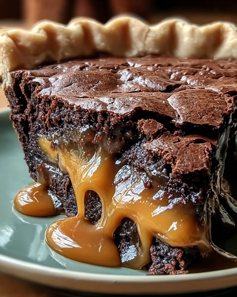 A slice of gooey chocolate caramel pie with rich brownie layers and caramel sauce dripping onto a plate